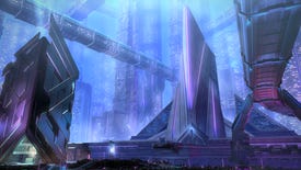 The cyberpunk town of Solution Nine in Final Fantasy 14's Dawntrail expansion, showing purple glowing skyscrapers and walkways