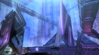 The cyberpunk town of Solution Nine in Final Fantasy 14's Dawntrail expansion, showing purple glowing skyscrapers and walkways
