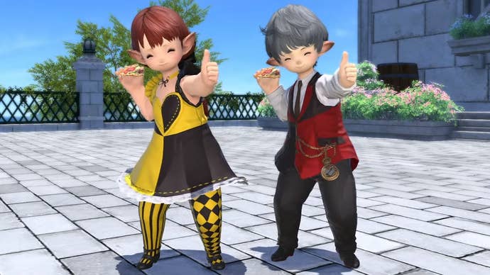 Two Lalafell eat pizza in Final Fantasy XIV
