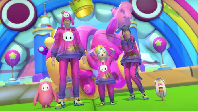 Final Fantasy 14 characters wearing Fall Guys gear from the minigame crossover