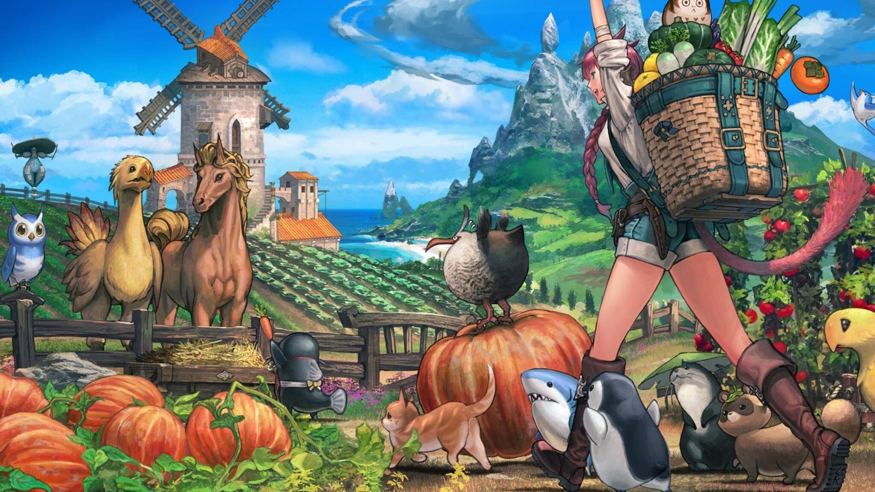 Final Fantasy 14 key art showing a warrior of light on a farm with various vegetables and animals surrounding them. - 1
