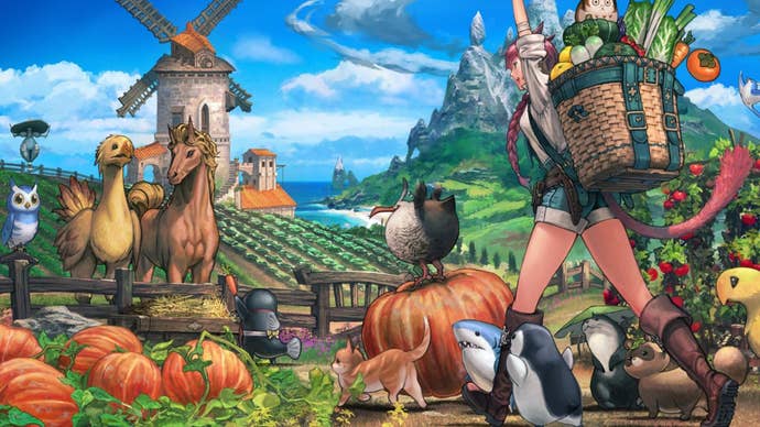 Final Fantasy 14 key art showing a warrior of light on a farm with various vegetables and animals surrounding them.