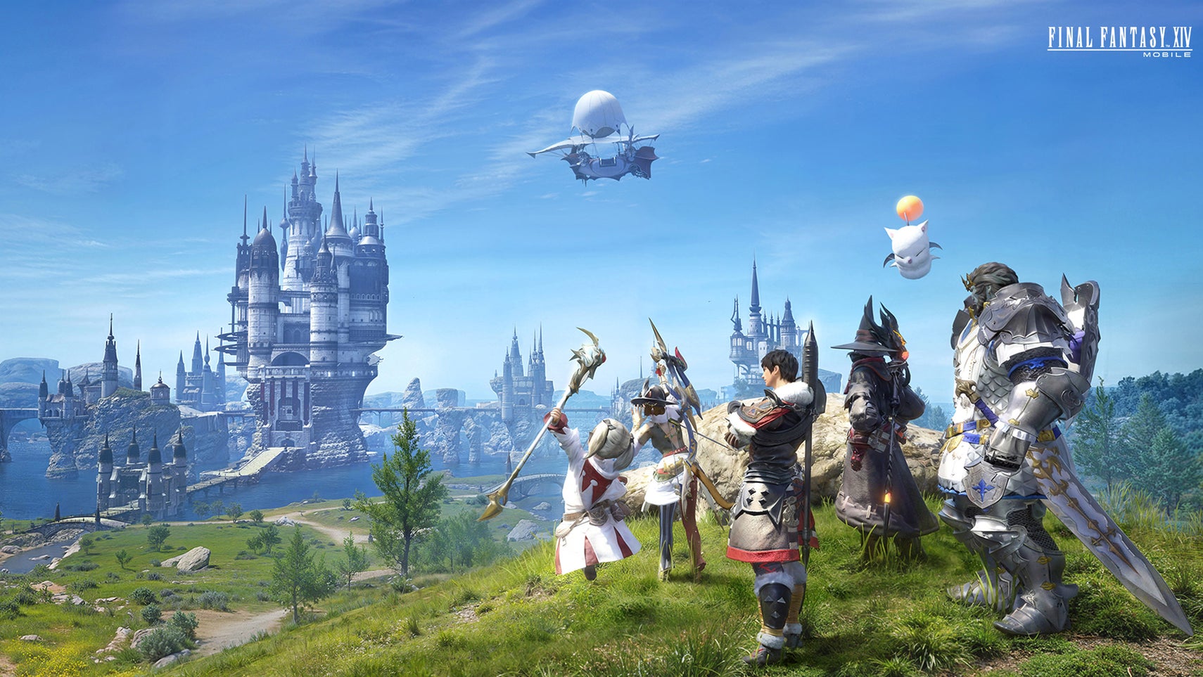 A group of warriors of light in Final Fantasy 14 Mobile overlooking a grassy landscape, a castle in the distance. - 1