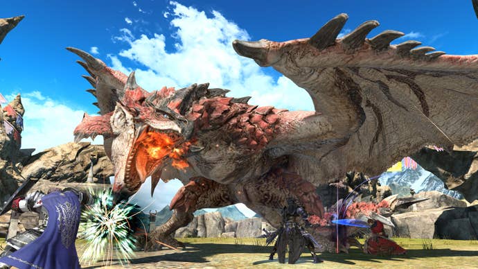 Monster Hunter’s Rathalos prepares to take a bite out of player characters in Final Fantasy 14