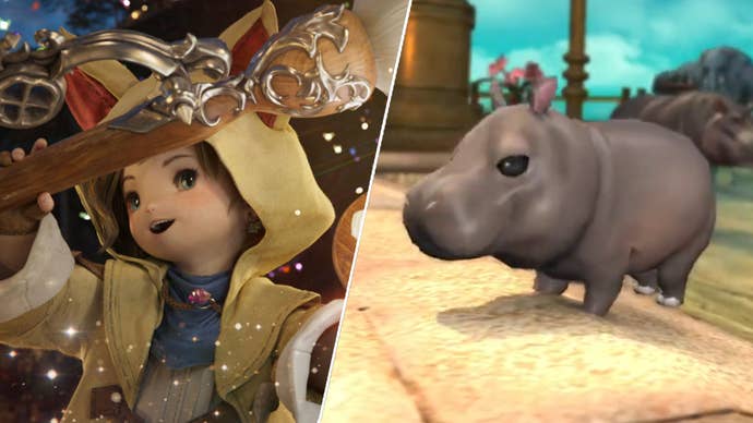 On the left, a Final Fantasy 14 Lalafell with a large paintbrush in its hand. On the right, a Hippo Calf minion from Final Fantasy 14 stood doing nothing.