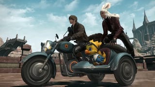 The Warrior of Light and a companion ride Final Fantasy 14's Garlond GL-I mount accompanied by chocobo Alpha in the sidecar