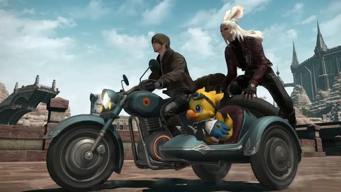 The Warrior of Light and a companion ride Final Fantasy 14’s Garlond GL-I mount accompanied by chocobo Alpha in the sidecar