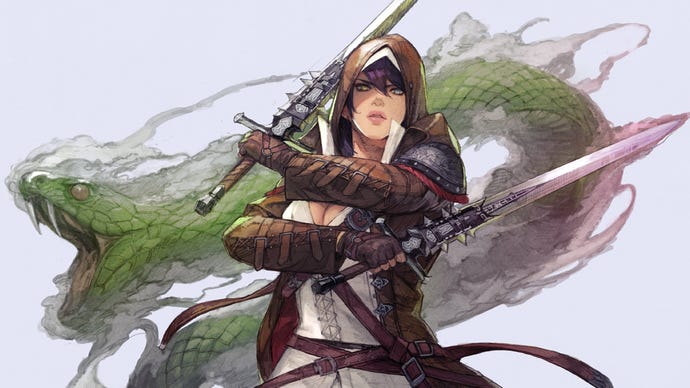 Final Fantasy 14's Viper job holds dual blades in front of a snake in artwork for the MMO's new job