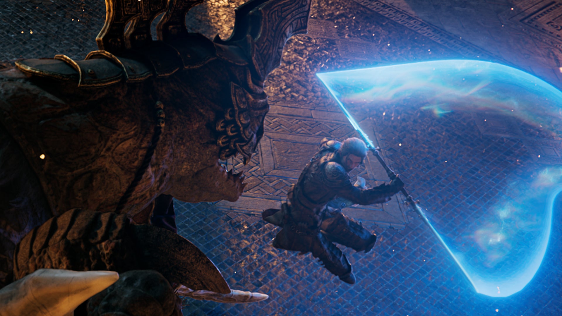 A Final Fantasy 14 viper swings towards a towering enemy as their dual-handed weapon glows blue - 1