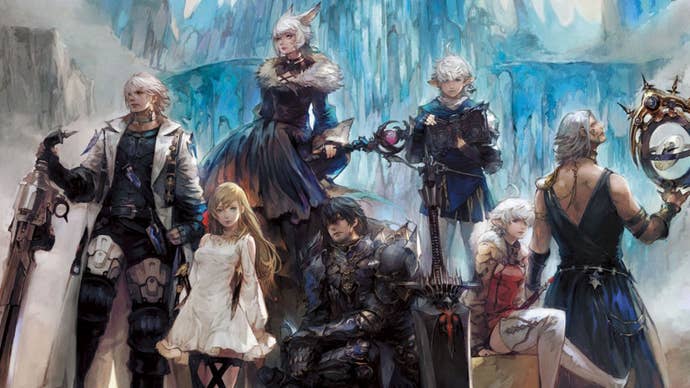 Final Fantasy 14: Shadowbringers key art showing the main characters sat in front of a large set of crystals.