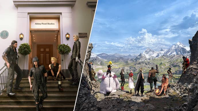 Final Fantasy 15’s Gladio, Noctis, Prompto, and Ignis are stood and sat on the steps outside Abbey Road Studios. The main cast of Final Fantasy 7 Rebirth, including Cid, Cait Sith, Tifa, Aerith, Cloud, Barret, Red 13, Yuffie, and Vincent, are all stood looking out towards a mountainous landscape.