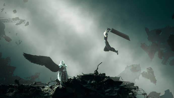 Cloud leaps at Sephiroth with his Buster Sword raised above his head, with Sephiroth’s wing one black wing out-stretched.