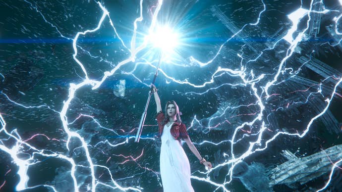 Aerith, in Final Fantasy 7 Rebirth, summons powerful lightning magic.