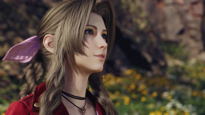 Aerith, in Final Fantasy 7 Rebirth, looks off to the side, wistfully.