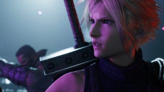 Close up of Cloud with purple glow in Final Fantasy 7 Rebirth