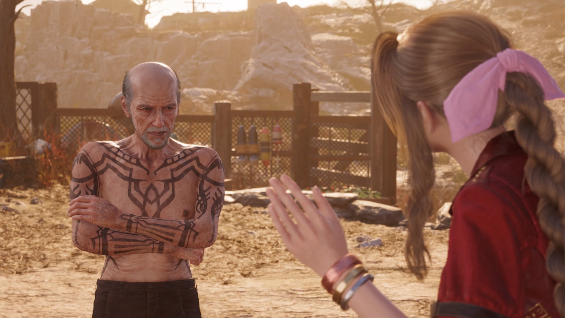 final fantasy 7 rebirth aerith waving at gabe