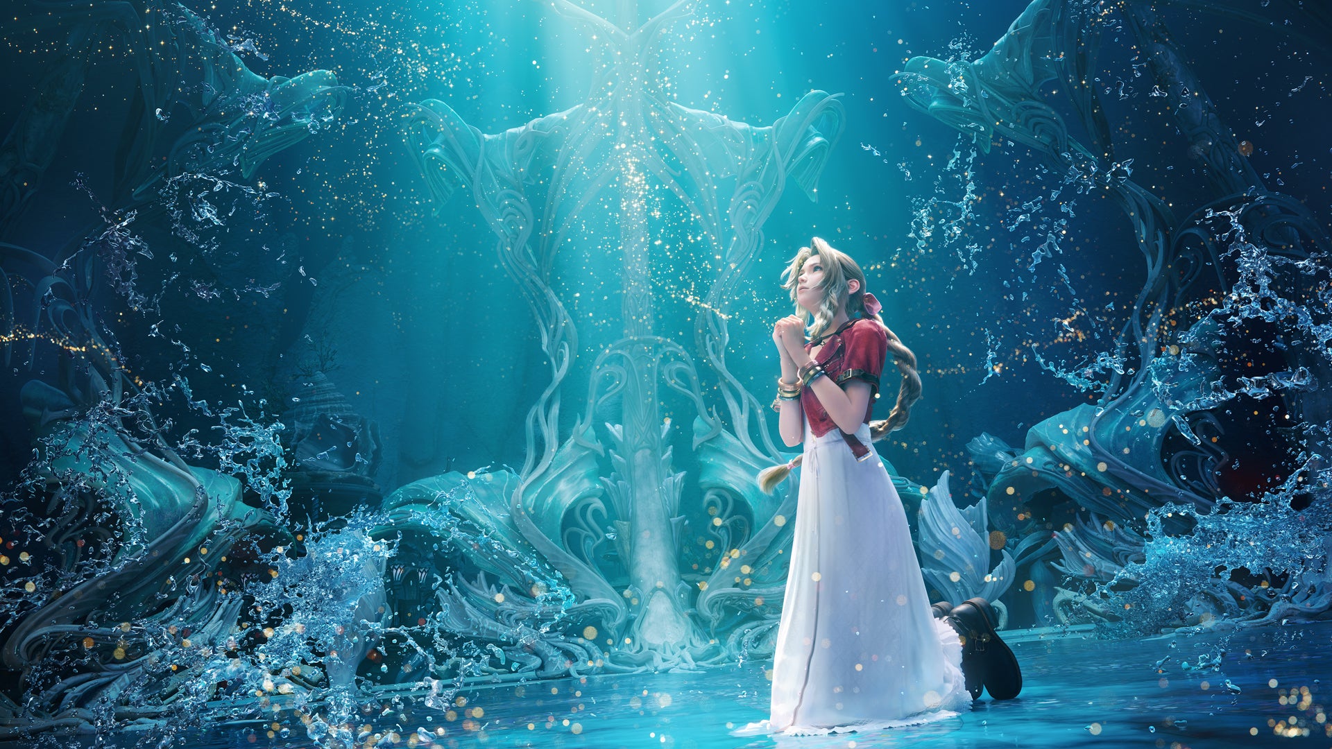 Aerith is on her knees praying on a blue, ocean, crystalline area in Final Fantasy 7 Rebirth. - 4