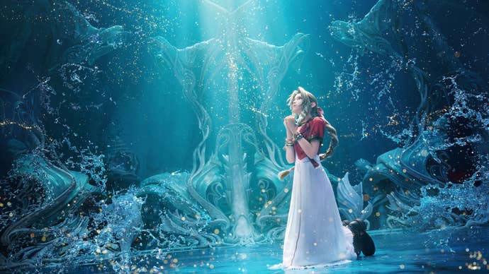Aerith is on her knees praying in a blue area, ocean, crystalline in the Final Fantasy 7 Renaissance.