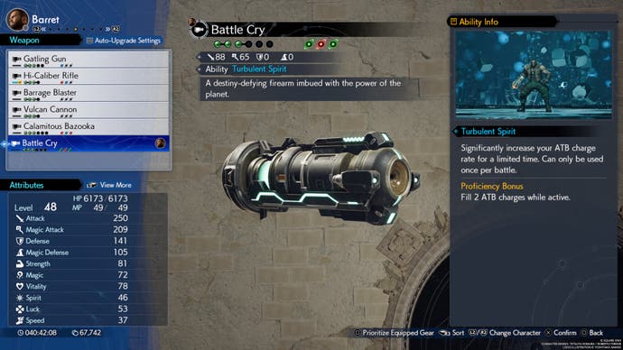 A menu screen showing the stats for Barret's Battle Cry weapon in Final Fantasy 7 Rebirth.