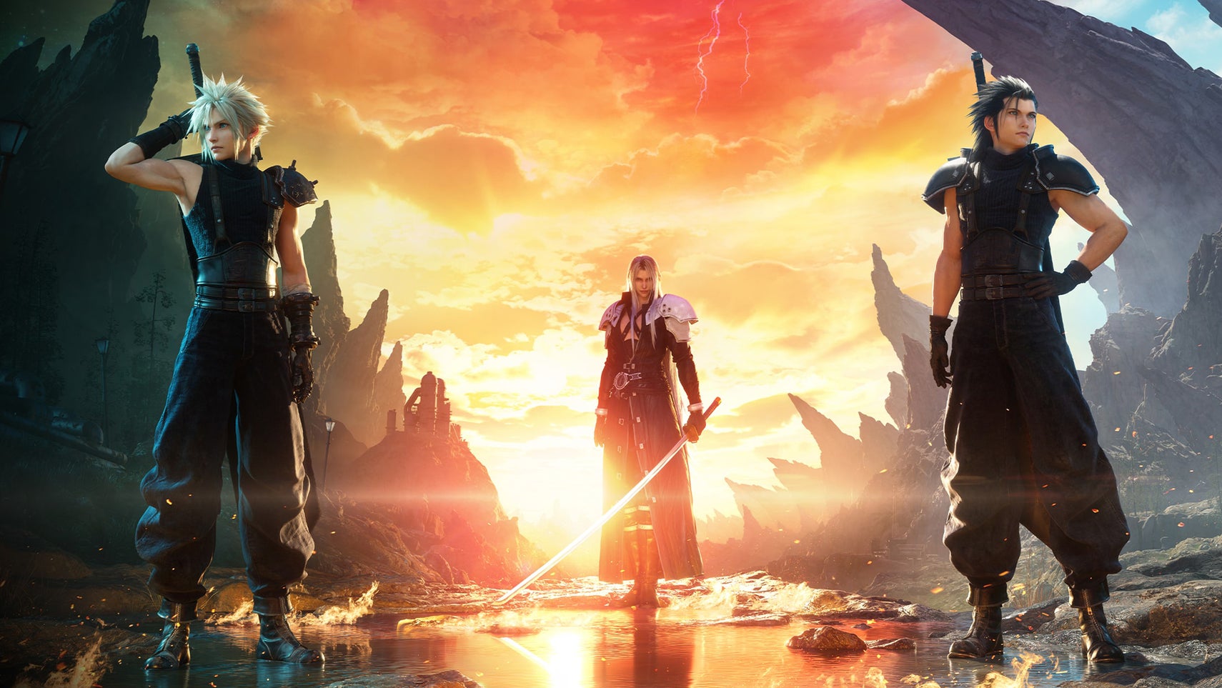 Cloud, Sephiroth, and Zack standing in a mountainous area at sunset in key art for Final Fantasy 7 Rebirth. - 1
