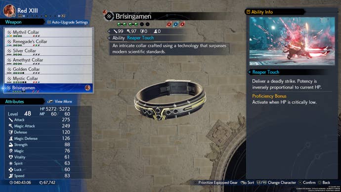 A menu screen showing the stats for Red 13's Brinsingamen weapon in Final Fantasy 7 Rebirth.