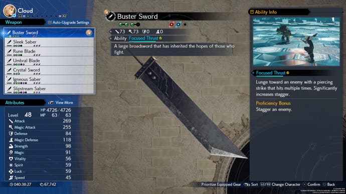 A menu screen in Final Fantasy 7 Rebirth showing the stats for Cloud's iconic Buster Sword, along with other weapons that can be equipped.