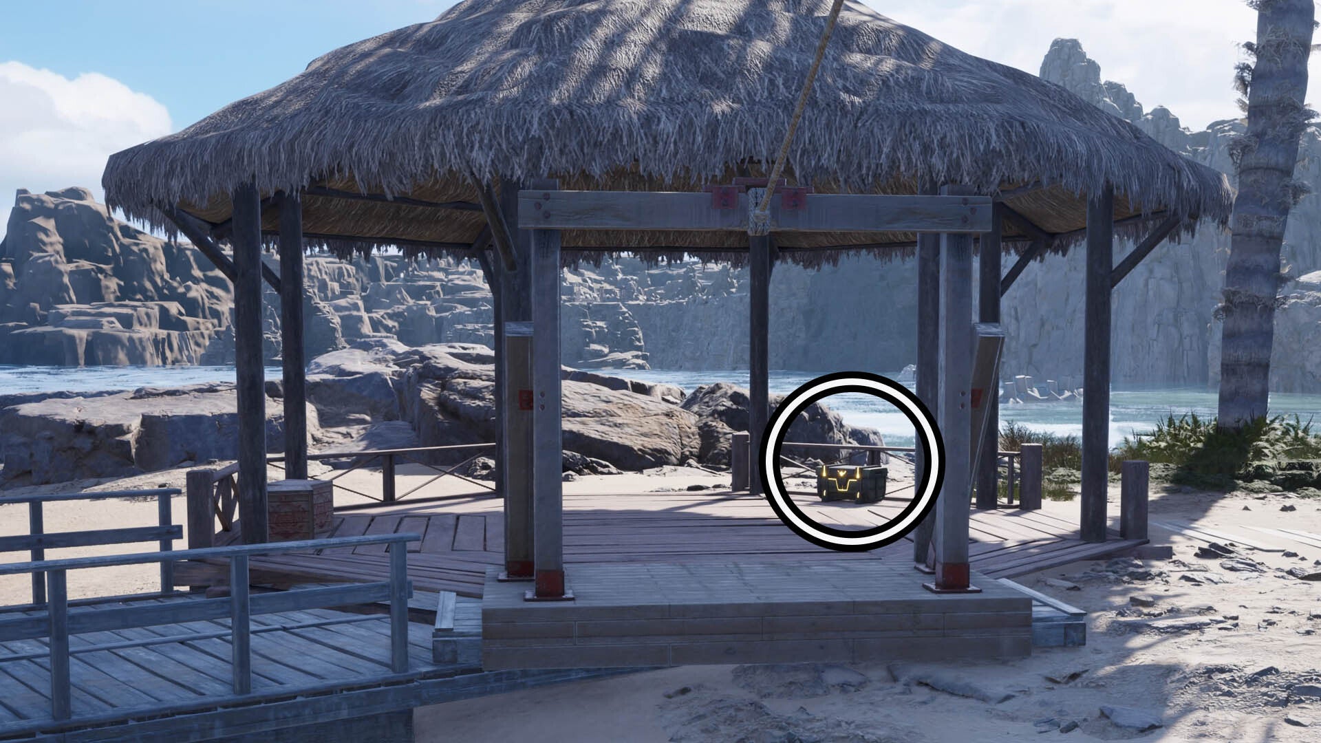 A circle highlights a reward chest sitting inside a straw hut on a sandy beach.