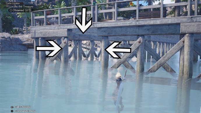 Cloud is in the sea at the end of a pier and three arrows are pointing to an opening in the structures beneath the pier walkway.
