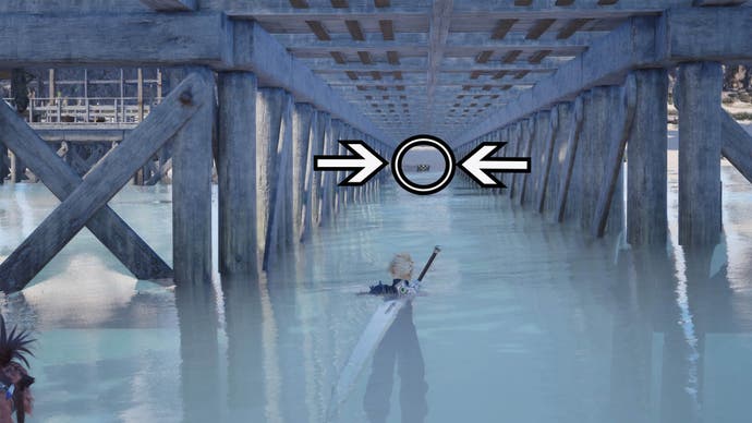 Cloud is swimming underneath the walkway of a pier, two arrows and a circle highlight the location of the reward chest at the very far end of this pier.