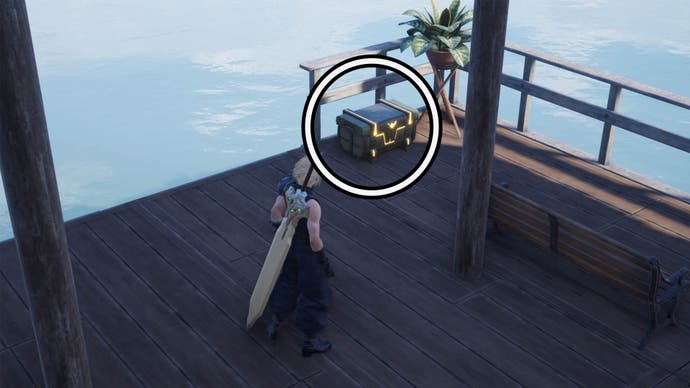 A circle highlights a reward chest on the edge of a pier platform near the sea, a palm plant is next to it and Cloud is looking directly at the chest.