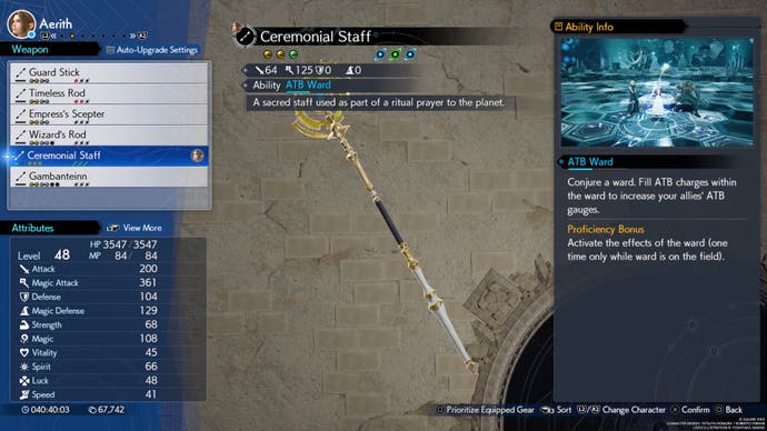 A menu screen showing the stats for Aerith's Ceremonial Staff weapon in Final Fantasy 7 Rebirth.