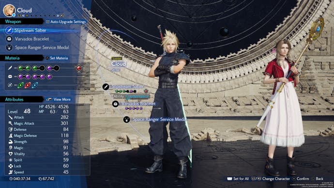 A menu screen in Final Fantasy 7 Rebirth showing the materia and equipment Cloud has equipped along with the character's stats.