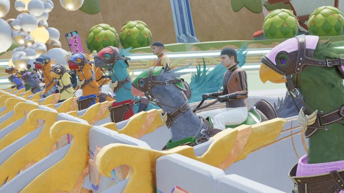 The starting block for a Chocobo race has a line of chocobos standing next to each other with their riders sitting on them and the Chocobos are wearing colourful racing masks.