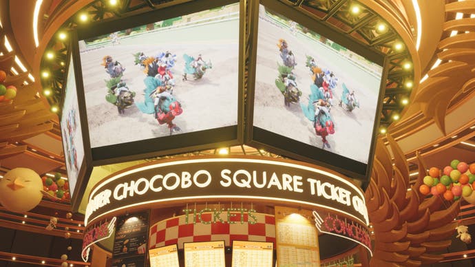 The chocobo square ticket booth has two large screens above it showing a current Chocobo race.