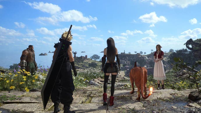 From left to right, Barret, Cloud, Tifa, Red XII and Aerith are overlooking the grasslands on a clear and sunny day.