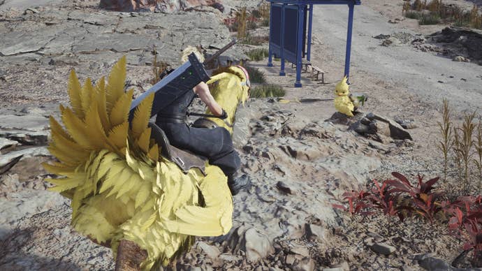 final fantasy 7 rebirth cloud on chocobo following chocobo chick