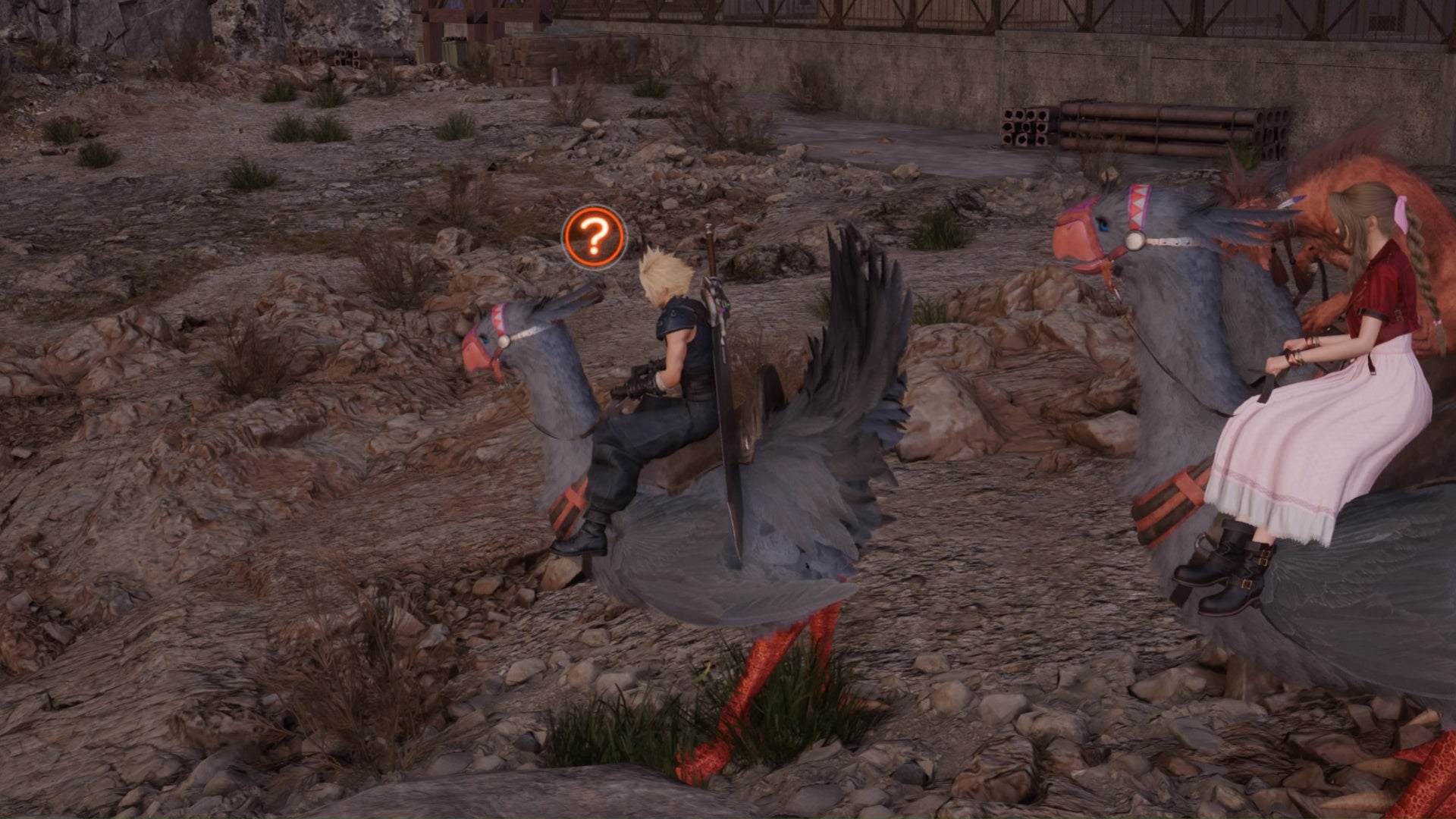 final fantasy 7 rebirth cloud on chocobo with red question mark