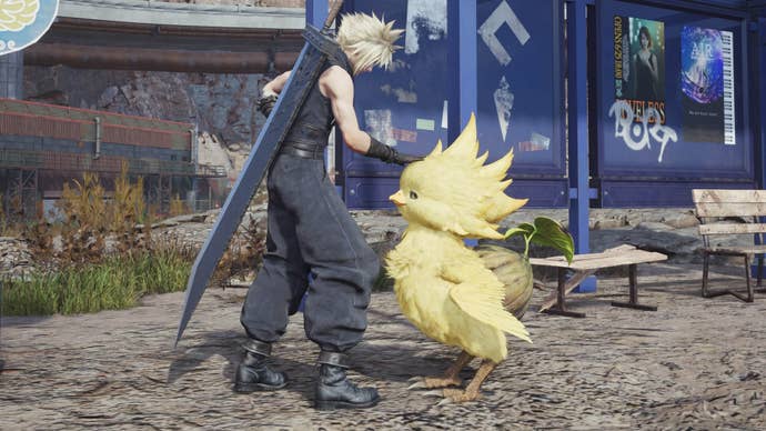 final fantasy 7 rebirth cloud petting a chocobo chick
