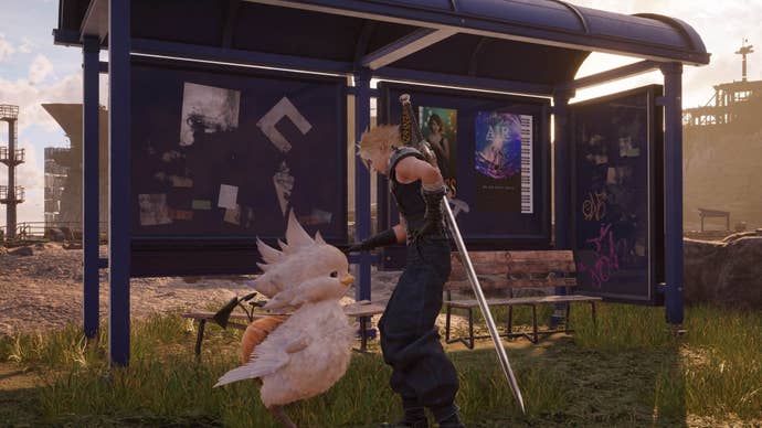 final fantasy 7 rebirth cloud petting chocobo chick at junon stop
