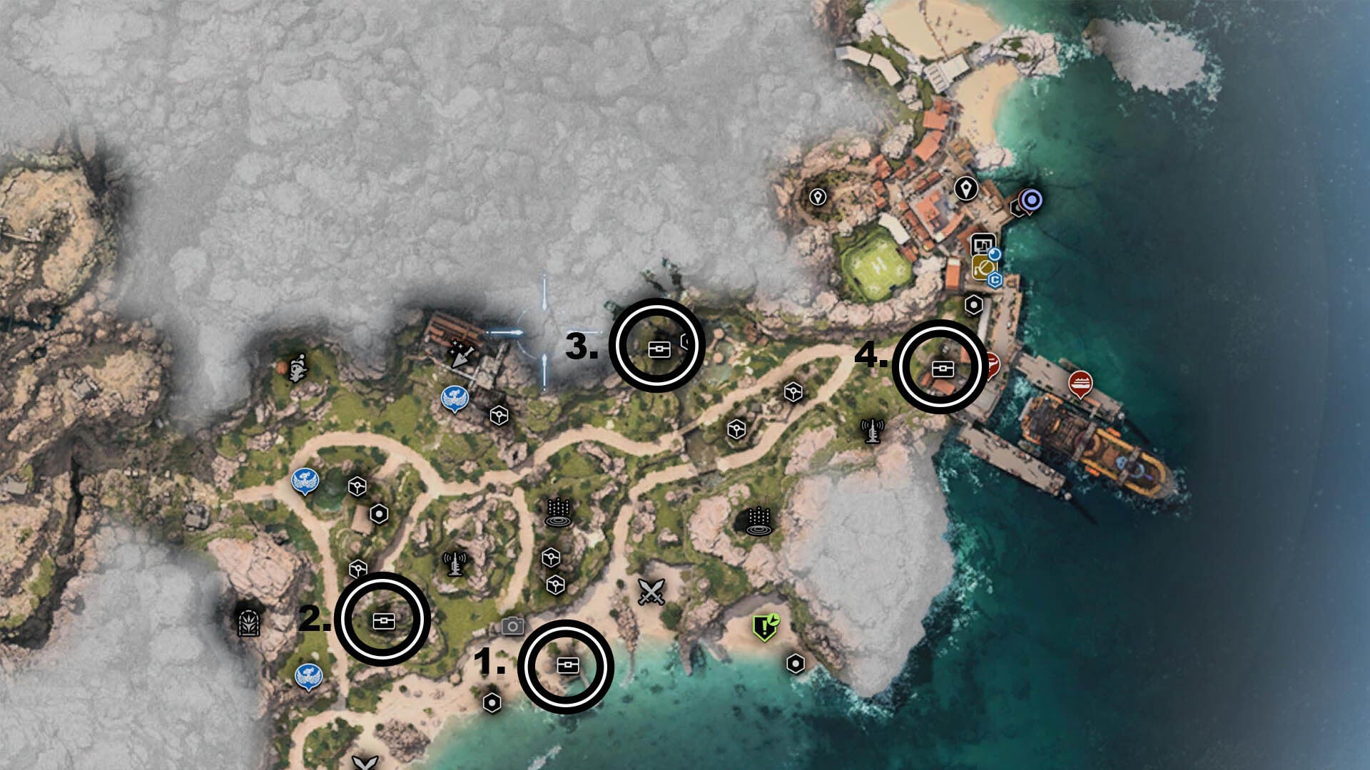 A map of the first part of Corel with Costa del Sol, four cache locations are marked with circles.