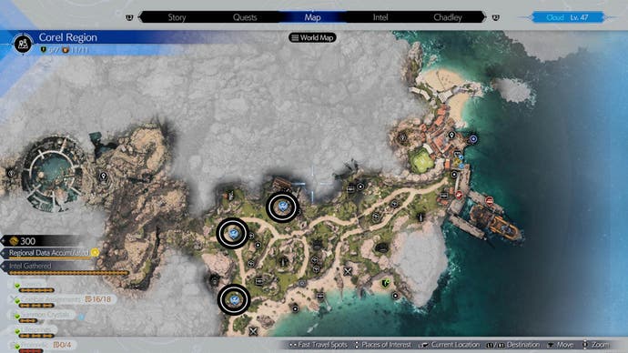 A map of Corel with four Chocobo Stop locations circled on it.