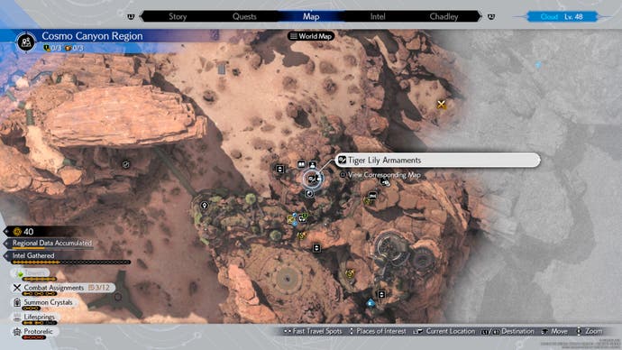 Map showing the location of the weapons vendor in Cosmo Canyon in Final Fantasy 7 Rebirth.