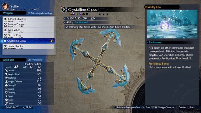 A menu screen showing the stats for Yuffie's Crystalline Cross weapon in Final Fantasy 7 Rebirth.