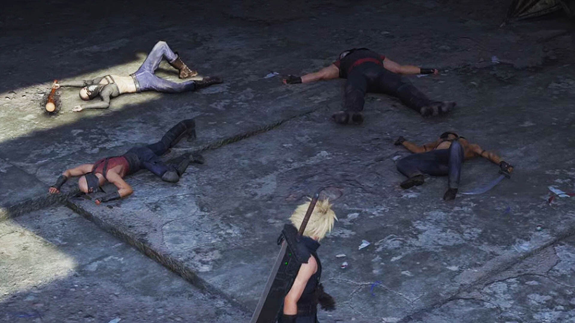 Four &lsquo;dead&rsquo; businessmen on the ground of a warehouse and Cloud is walking past them.