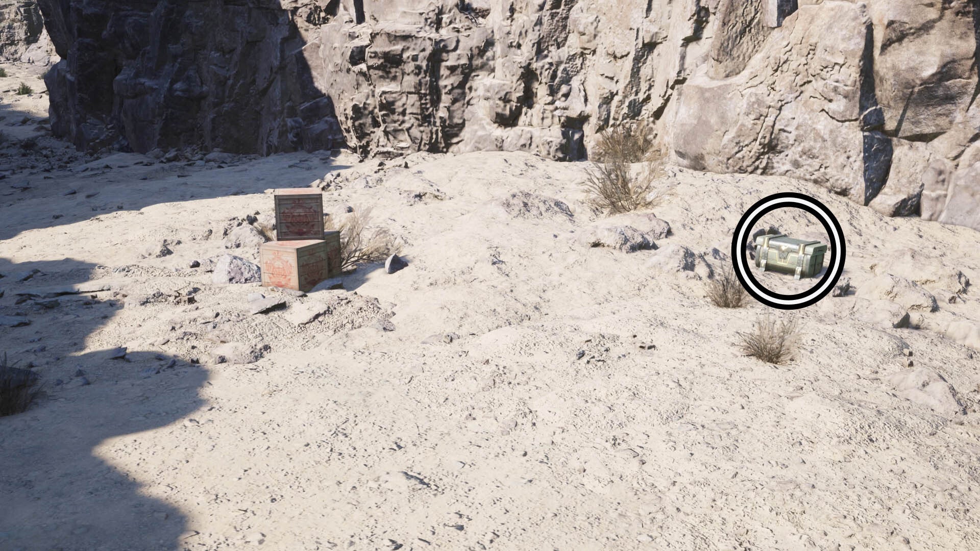 A circle highlights the rewards chest on the right side of the image and there is a stack of Shinra boxes on the left.