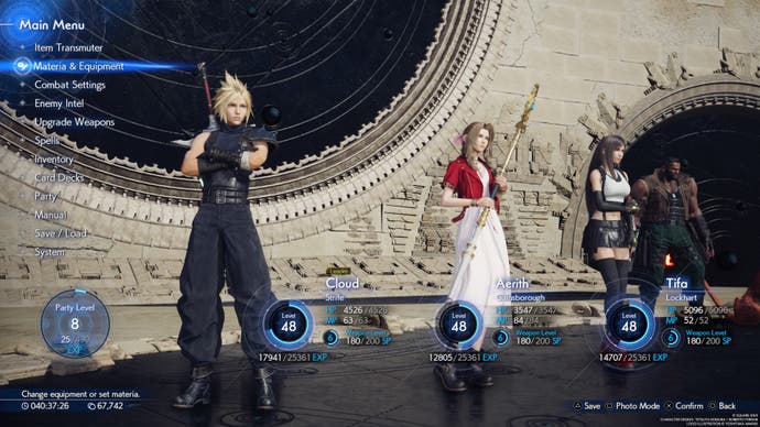The main in-game menu in Final Fantasy 7 Rebirth, showing the characters in the player's party and the Materia & Equipment option selected.