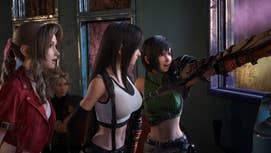 Aerith, Tifa, and Yuffie are all looking out a cable car window at colourful flashing lights, Cloud is sat behind them in Final Fantasy 7 Rebirth.