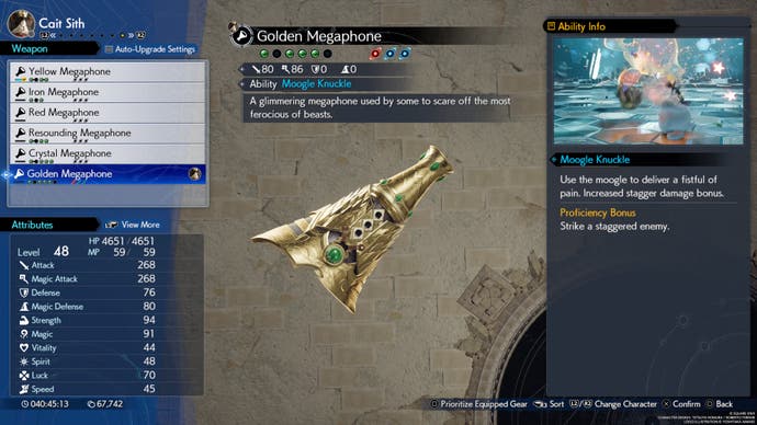 A menu screen showing the stats for Cait Sith's Golden Megaphone weapon in Final Fantasy 7 Rebirth.