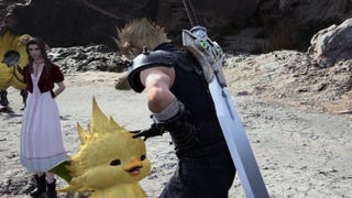 Cloud from Final Fantasy 7 Rebirth bends over to pet a baby chocobo on a dirt road