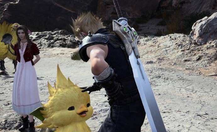 Cloud from Final Fantasy 7 Rebirth bends over to pet a baby chocobo on a dirt road
